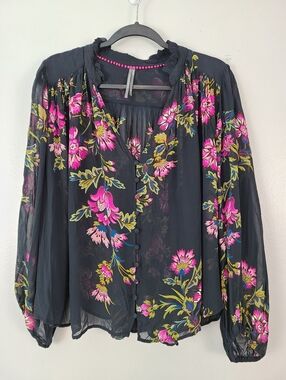 Anthropologie Sheer Flowy Black & Raspberry Pink Florals Button Front Blouse Top